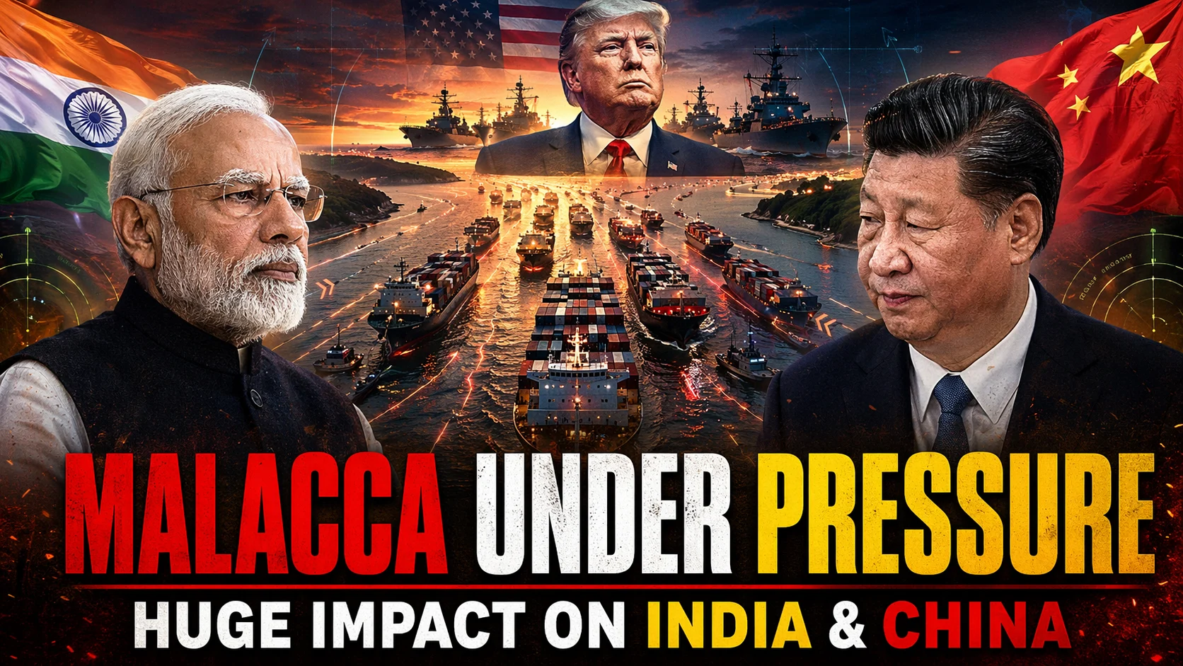Strait of Malacca geopolitical importance shown with congested cargo ships highlighting global trade chokepoint affecting India China and Indo-Pacific strategy
