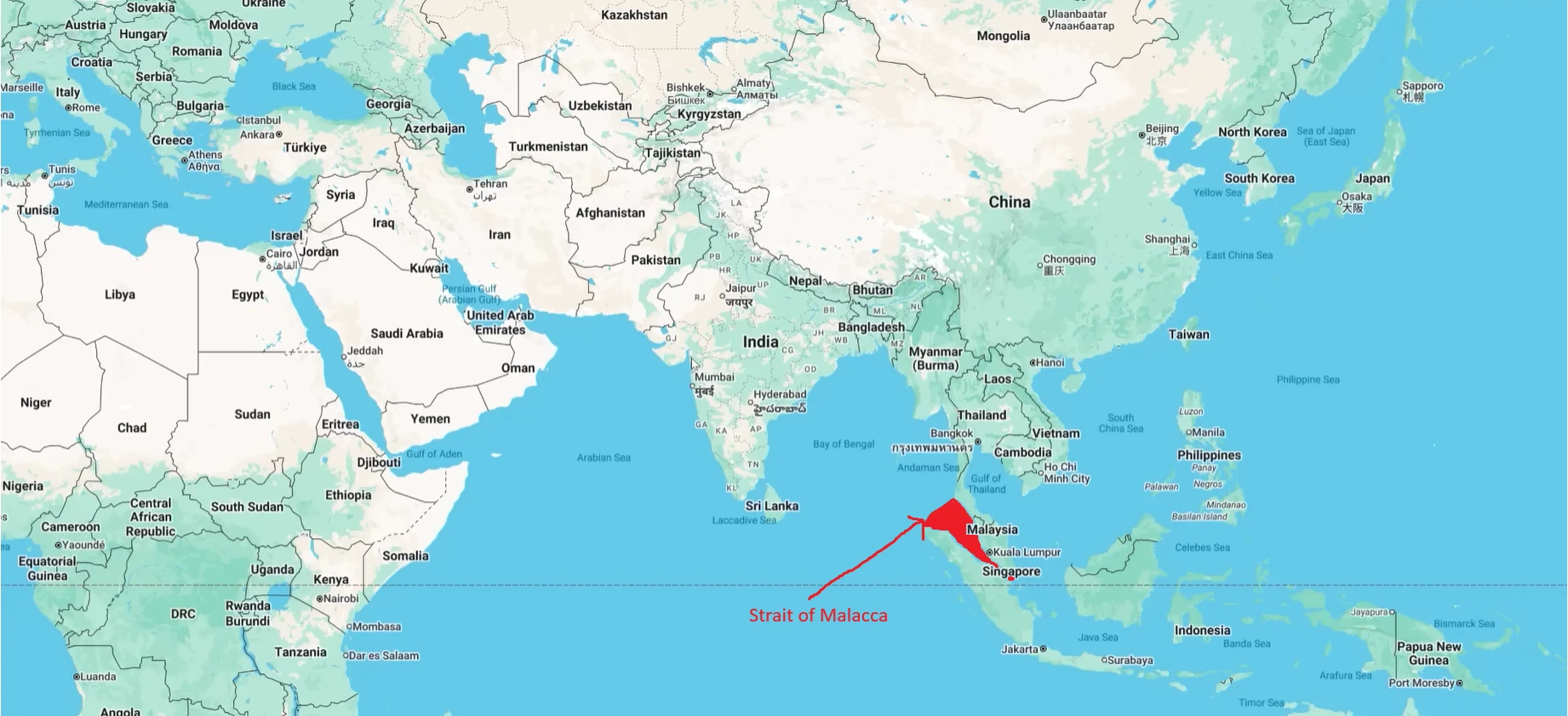 Strait of Malacca map showing location between Malaysia Singapore and Indonesia highlighting key global trade chokepoint affecting India China and Indo-Pacific routes
