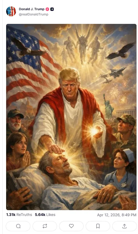 Trump Jesus AI image controversy showing Donald Trump in Jesus religious-style AI depiction healing a person in a Truth Social post later deleted after global backlash
