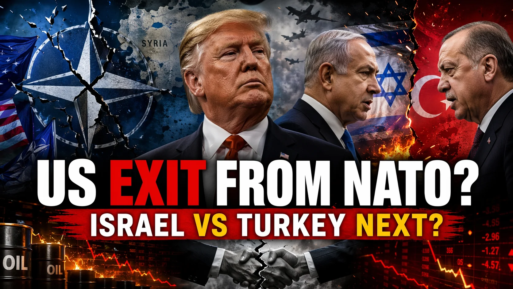 Editorial visualization of the Trump NATO Exit and Israel Turkey Conflict featuring Donald Trump, Benjamin Netanyahu, and Recep Tayyip Erdogan.