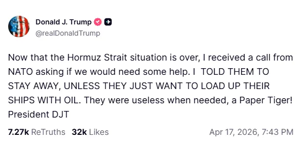 trump-nato-paper-tiger-truth-social-announcement Truth Social post by Donald Trump calling NATO a Paper Tiger
