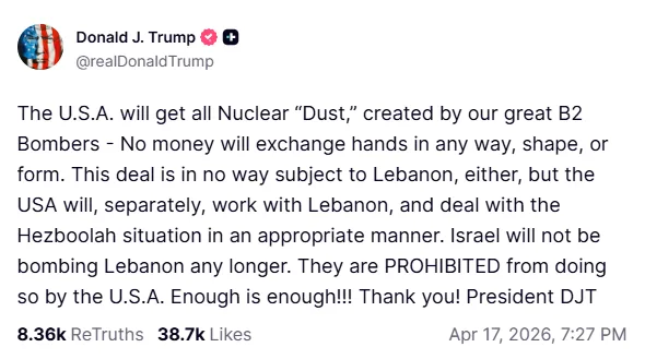 trump-nuclear-dust-deal-truth-social-post Screenshot of Donald Trump’s Truth Social post on the Nuclear Dust deal amid the Strait of Hormuz Reopening & India Strategic Role.