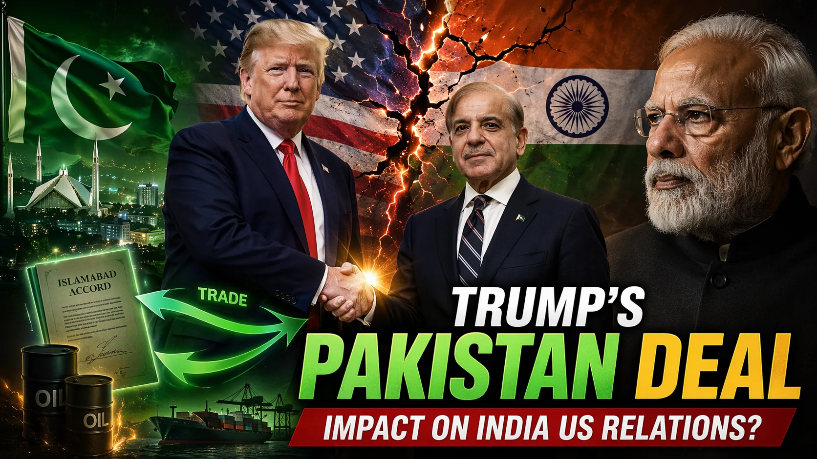 Donald Trump and Shehbaz Sharif handshake symbolizing the Trump Pakistan deal while Narendra Modi watches from the shadows symbolizing a split in US-India Relations.