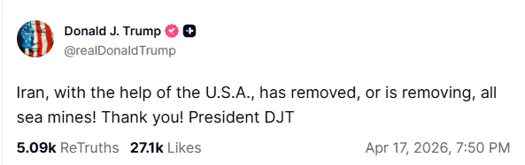 trump-sea-mine-removal-strait-of-hormuz Screenshot of Donald Trump's Truth Social post on sea mine removal during the Strait of Hormuz Reopening