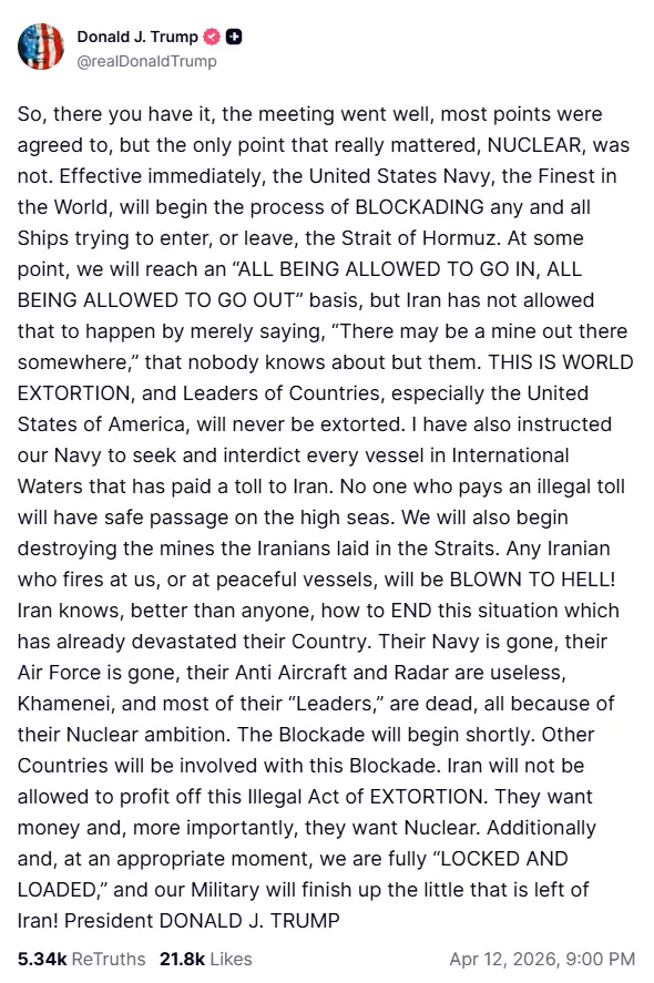 Donald Trump Truth Social post announcing Strait of Hormuz blockade and US Navy action impacting global oil supply
