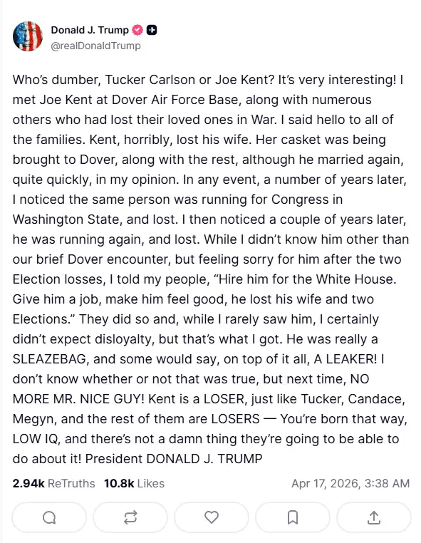 Screenshot of Donald Trump's Truth Social post attacking Joe Kent as a leaker amid the Trump NATO Exit and Israel-Turkey Strategic Conflict debate.
