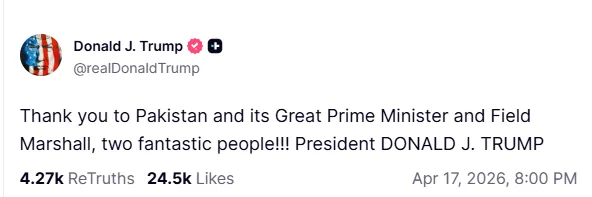trump-truth-social-pakistan-leadership-praise-april-2026 Screenshot of a Truth Social post by Donald Trump thanking Prime Minister Shehbaz Sharif and Field Marshal Asim Munir for their role in peace negotiations.