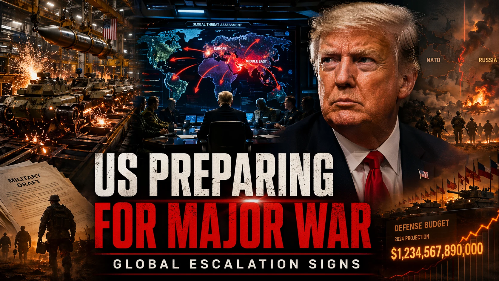US Preparing for Major War 2026: Graphic of Pentagon war room planning, Donald Trump, and industrial weapons production.