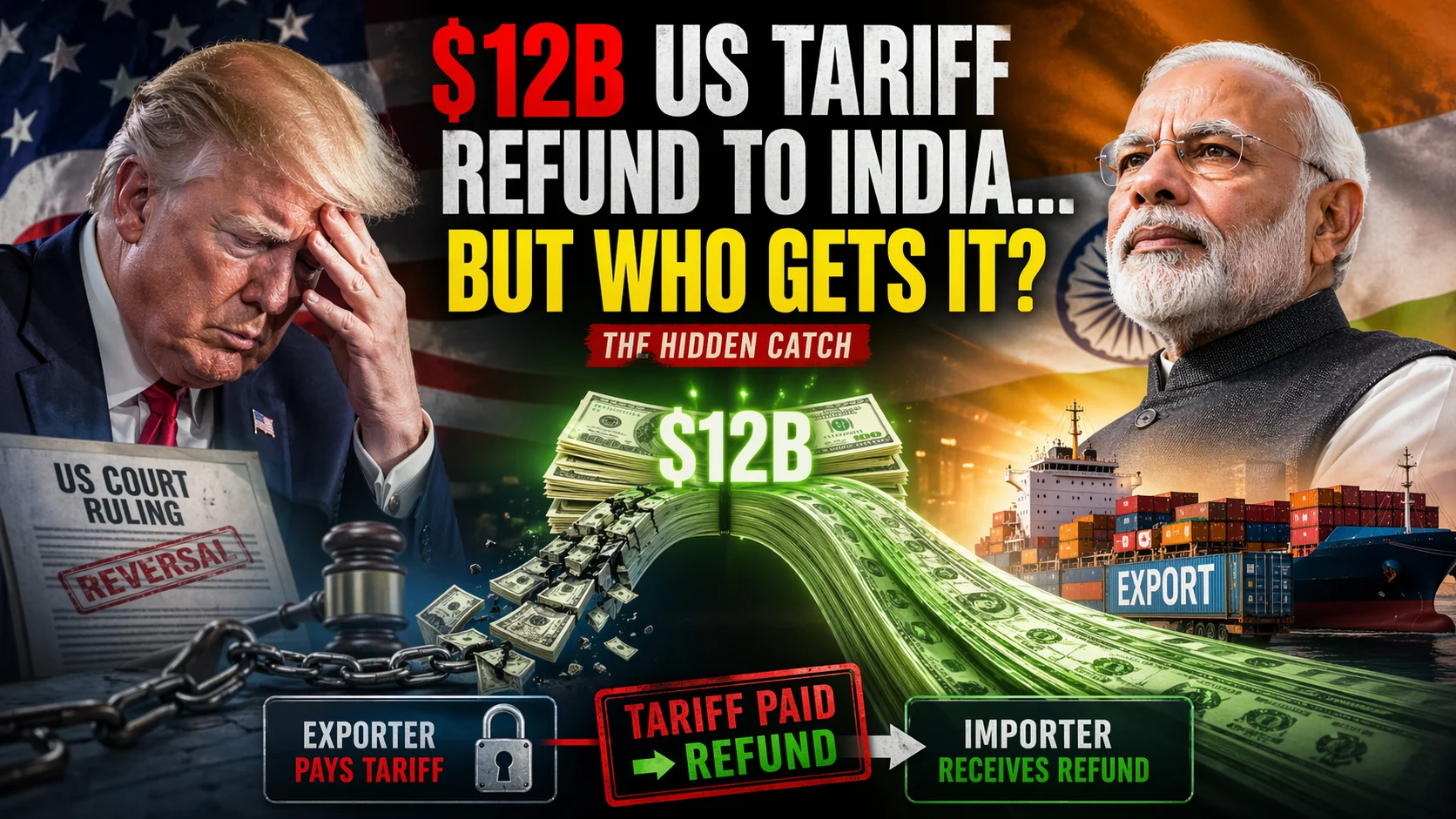 US Tariff Refund to India analysis showing the $12 billion split between production and control, featuring PM Narendra Modi and Donald Trump.