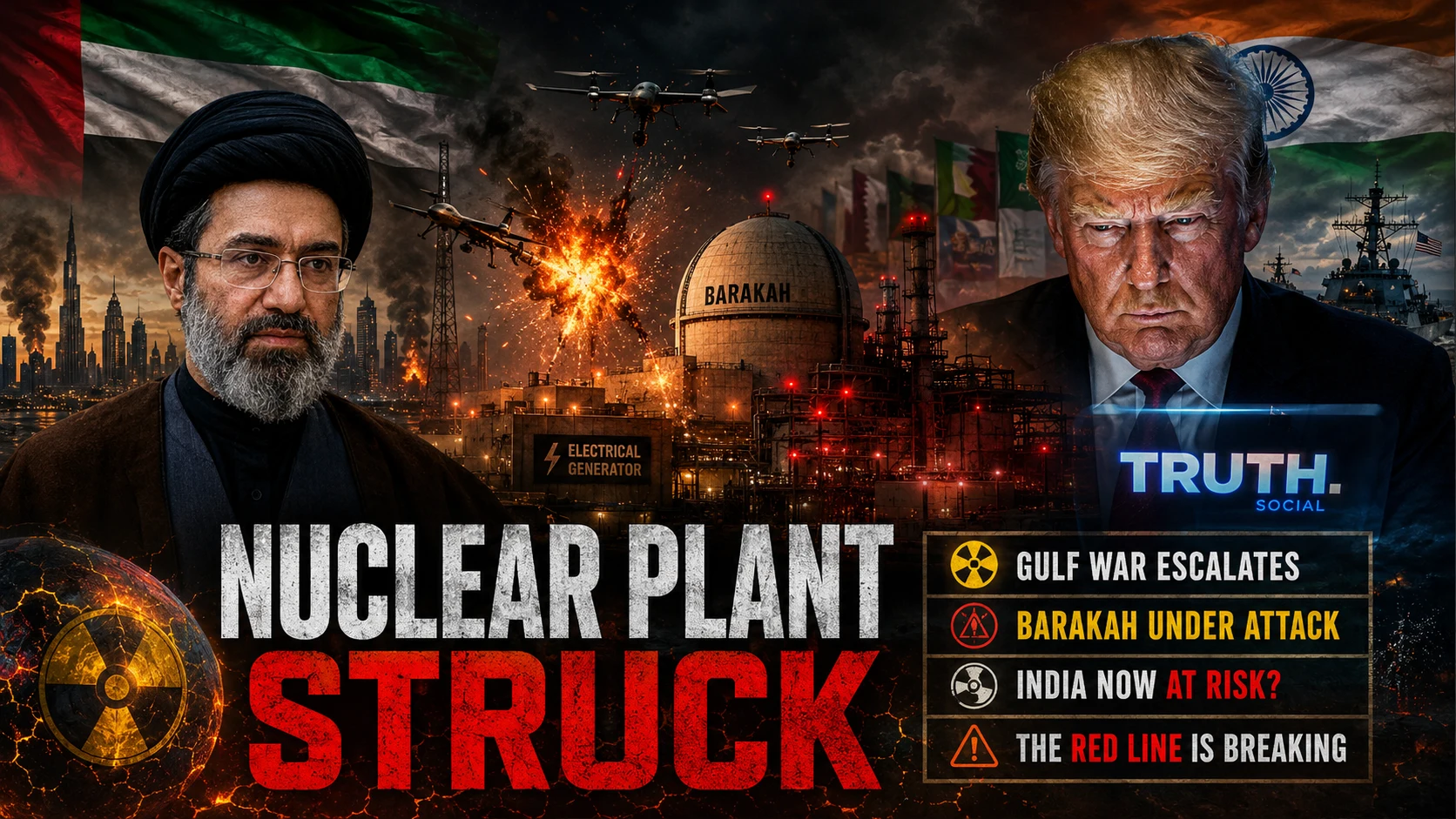A dramatic cinematic graphic depicting the Barakah nuclear plant drone strike, featuring Donald Trump, Mojtaba Khamenei, and warning indicators of Gulf war escalation.