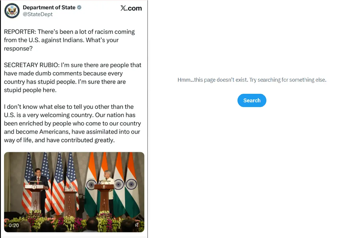 A side-by-side comparison of the deleted State Department tweet and the resulting 404 error page regarding the Marco Rubio India visit stupid people comment.