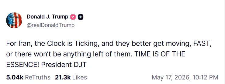creenshot of Donald Trump's Truth Social post warning Iran that the clock is ticking, highlighting the geopolitical tensions between US and Iran.