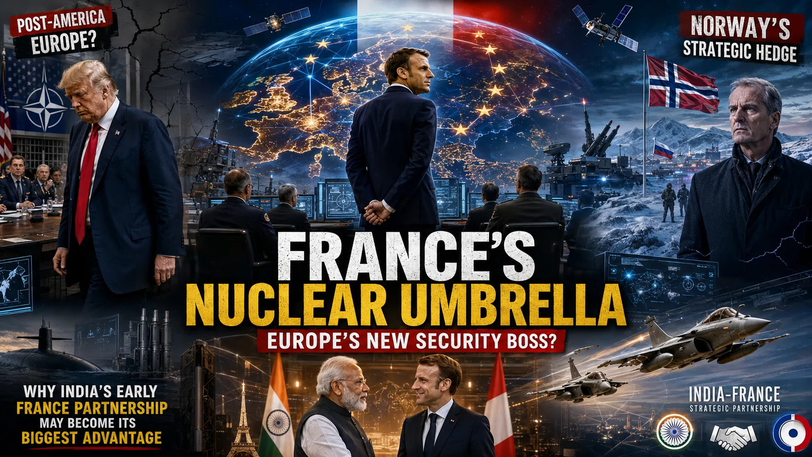 Graphic depicting the France nuclear umbrella Europe strategy with Emmanuel Macron, Donald Trump, and Narendra Modi representing a shifting global security architecture.