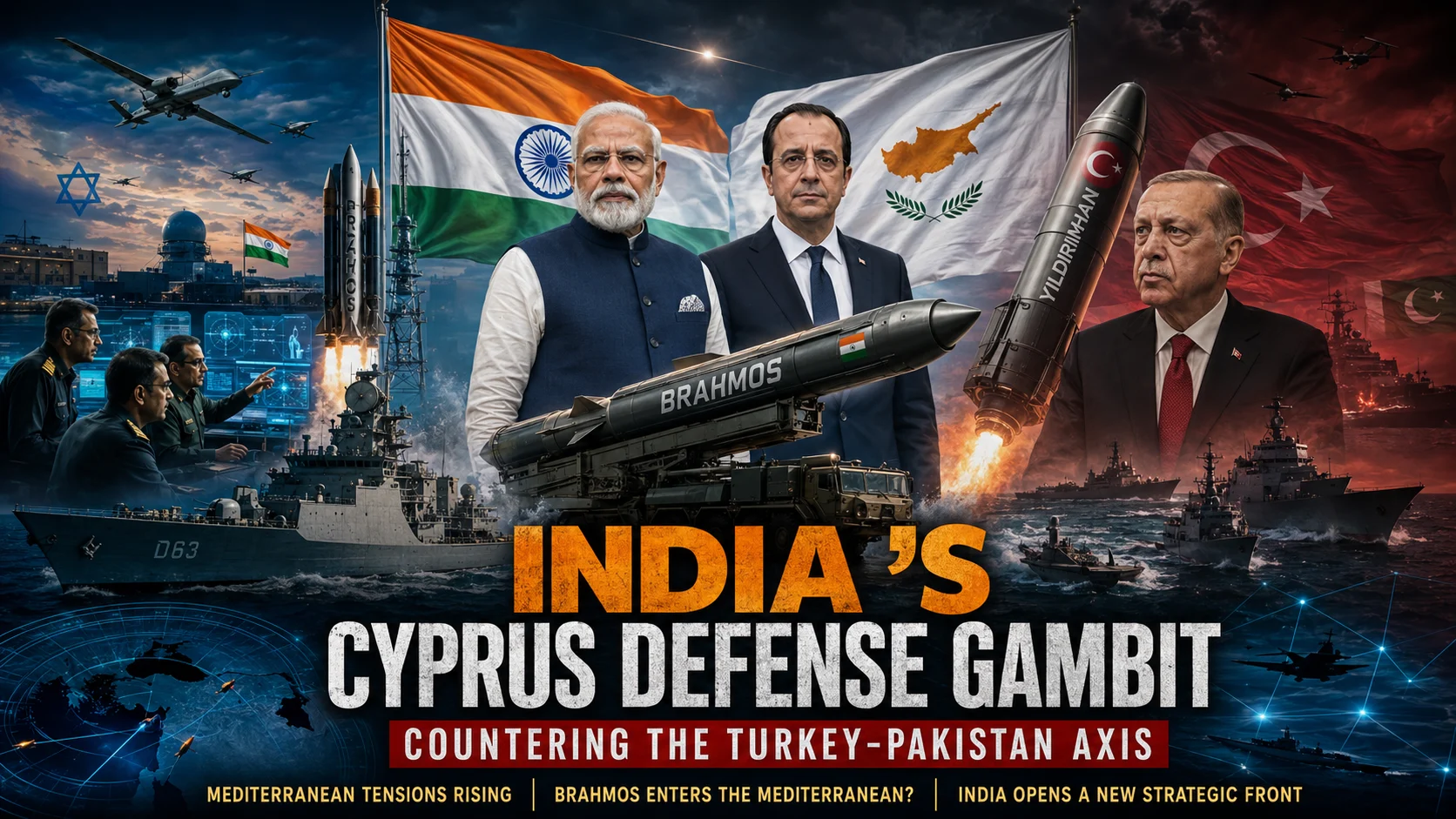 PM Narendra Modi and Cypriot President Nikos Christodoulides during the India Cyprus defense roadmap 2026 summit, contrasting India's strategic Mediterranean push against Turkey's Yildirimhan (Lightning) missile and military axis with Pakistan.