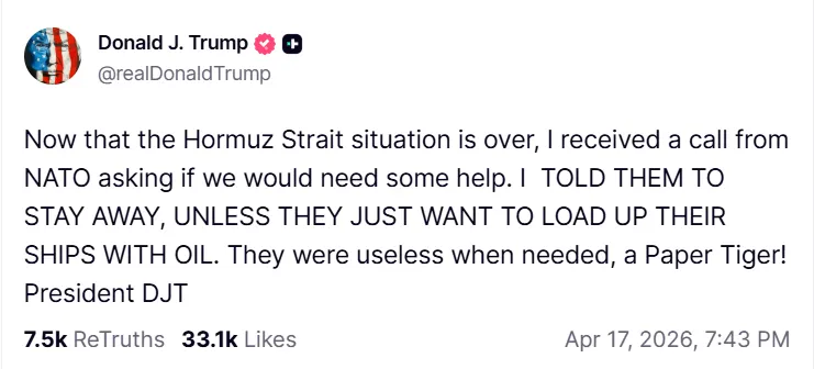 Screenshot of a Truth Social post by Donald Trump calling NATO a paper tiger, analyzed in the context of the India Cyprus defense roadmap 2026 as a sign of shifting Western alliances.