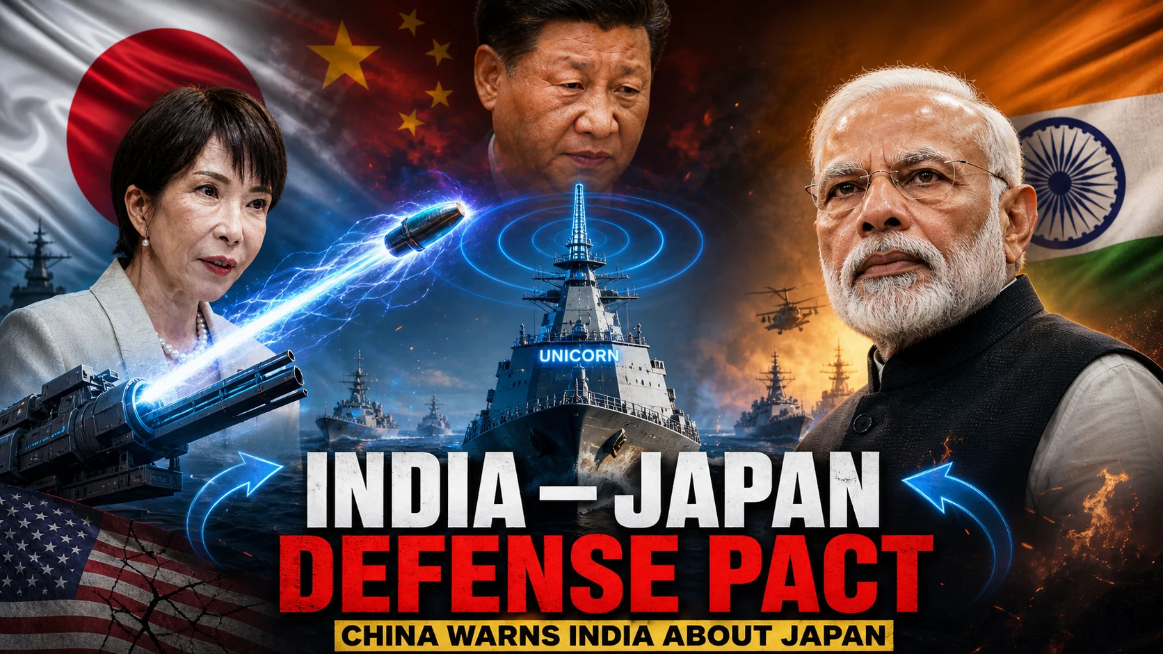 Strategic visualization of India Japan defense deals 2026 featuring Narendra Modi, Sanae Takaichi, and the UNICORN mast stealth technology.
