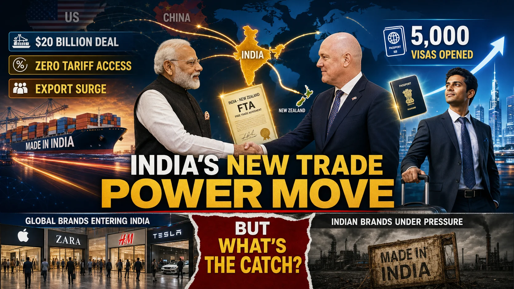 Cinematic visual representing India New Zealand FTA benefits including the 5,000 professional visa quota, $20 billion investment commitment, and zero-tariff market access.