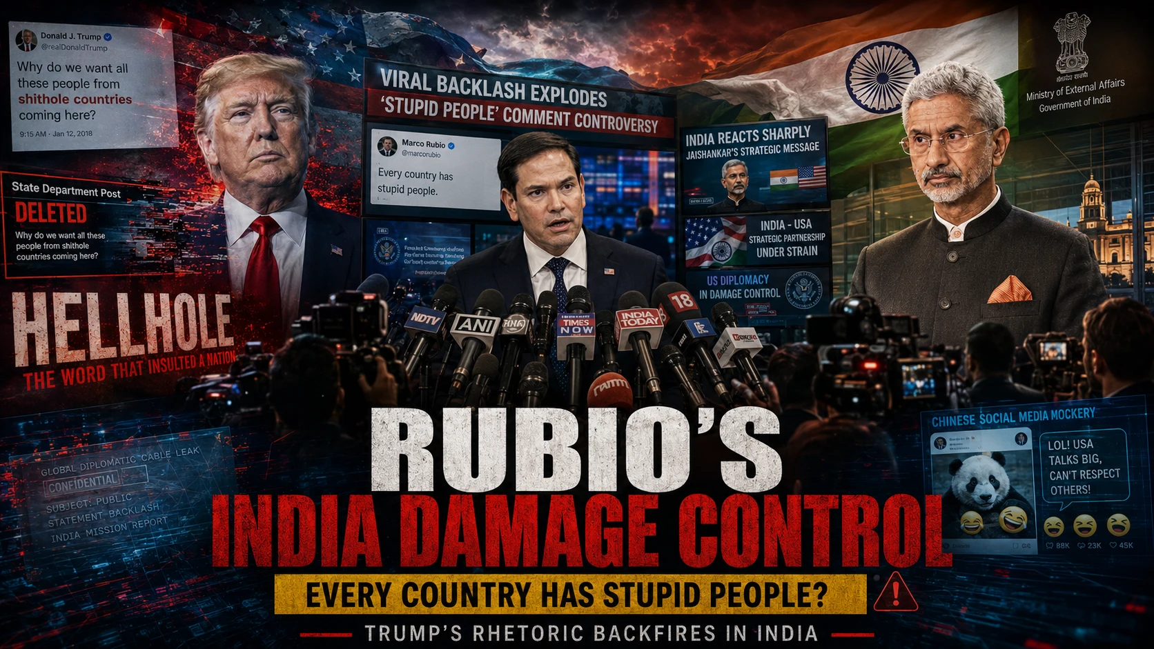 Graphic illustrating the Marco Rubio India visit stupid people comment controversy during a press conference with S. Jaishankar.