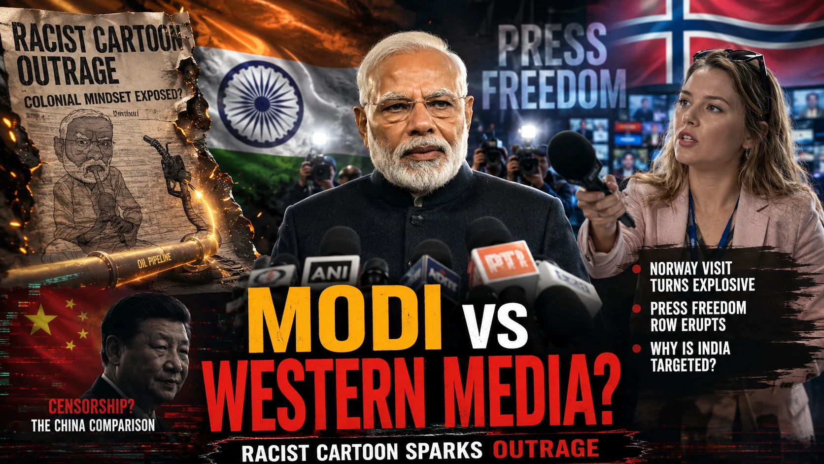 rime Minister Narendra Modi at the podium during the Modi Norway visit press freedom row, flanked by journalist Helle Lyng and the controversial snake charmer cartoon.