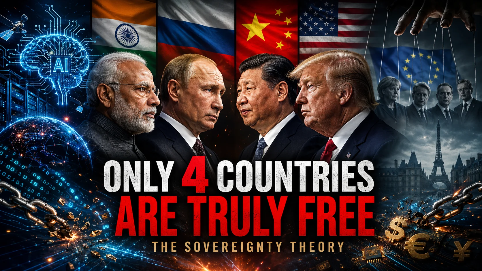 A cinematic visualization of the only four sovereign countries in the world—India, USA, China, and Russia—featuring world leaders and the clash between strategic autonomy and technological dependence.