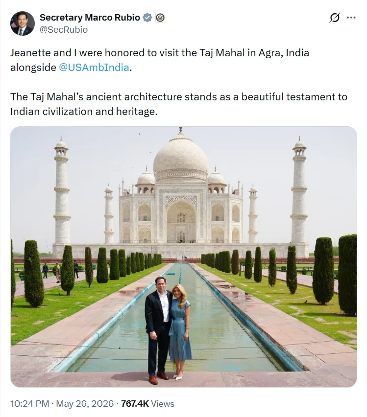 original-x-post-triggering-iran-swipe-at-marco-rubio Screenshot of the official X post that triggered the viral Iran swipe at Marco Rubio during his Taj Mahal visit.