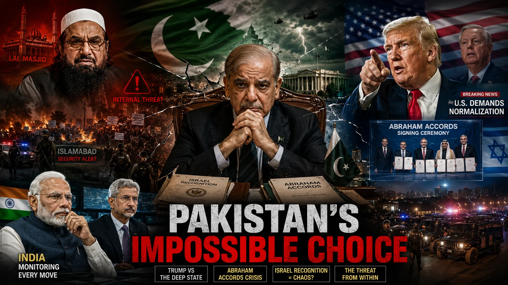 Geopolitical split-screen visual showing pakistan abraham accords pressure on Shehbaz Sharif, with Donald Trump’s US normalization demands and domestic militant threats.