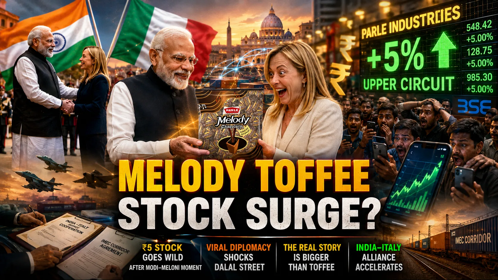 Parle Industries stock Melody toffee surge graphic showing PM Modi and PM Meloni's Rome gift exchange, a BSE upper circuit ticker, and the IMEC corridor train.