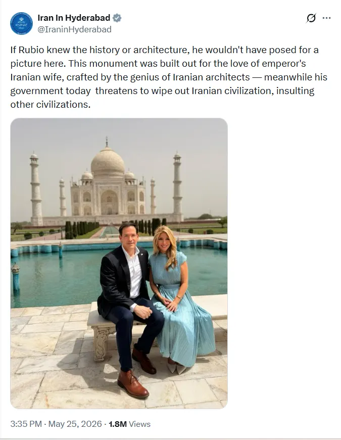 screenshot-x-post-iran-swipe-at-marco-rubio Screenshot of the official X post from the Iranian Consulate in Hyderabad delivering the viral Iran swipe at Marco Rubio.