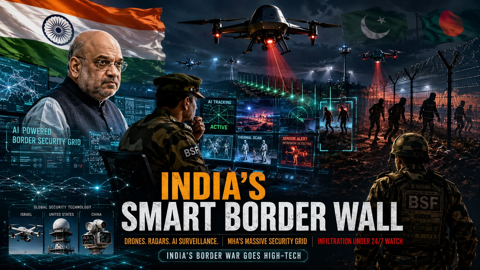 Union Home Minister Amit Shah and a BSF commando monitoring the smart border project india high-tech security grid with drone radars, thermal scanning, and AI surveillance screens.