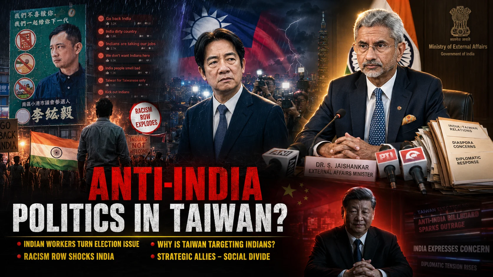 Taiwan anti India racism row graphic with S. Jaishankar and Lai Ching-te.