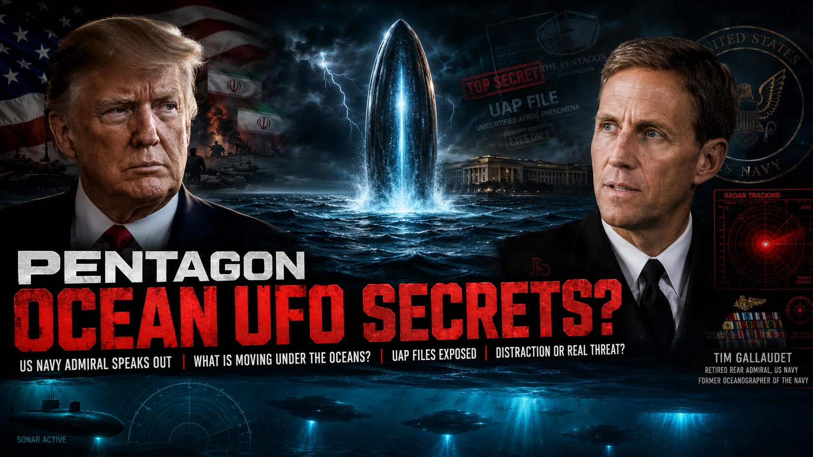 Cinematic digital art illustrating the tim gallaudet ufo ocean claims with a glowing transmedium UAP emerging from a stormy dark ocean between portraits of Admiral Gallaudet and Donald Trump.