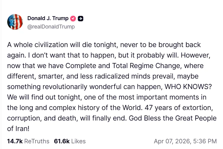 trump-civilization-post-context-for-iran-swipe-at-marco-rubio Donald Trump's Truth Social post on Iranian civilization, which directly prompted the subsequent Iran swipe at Marco Rubio.