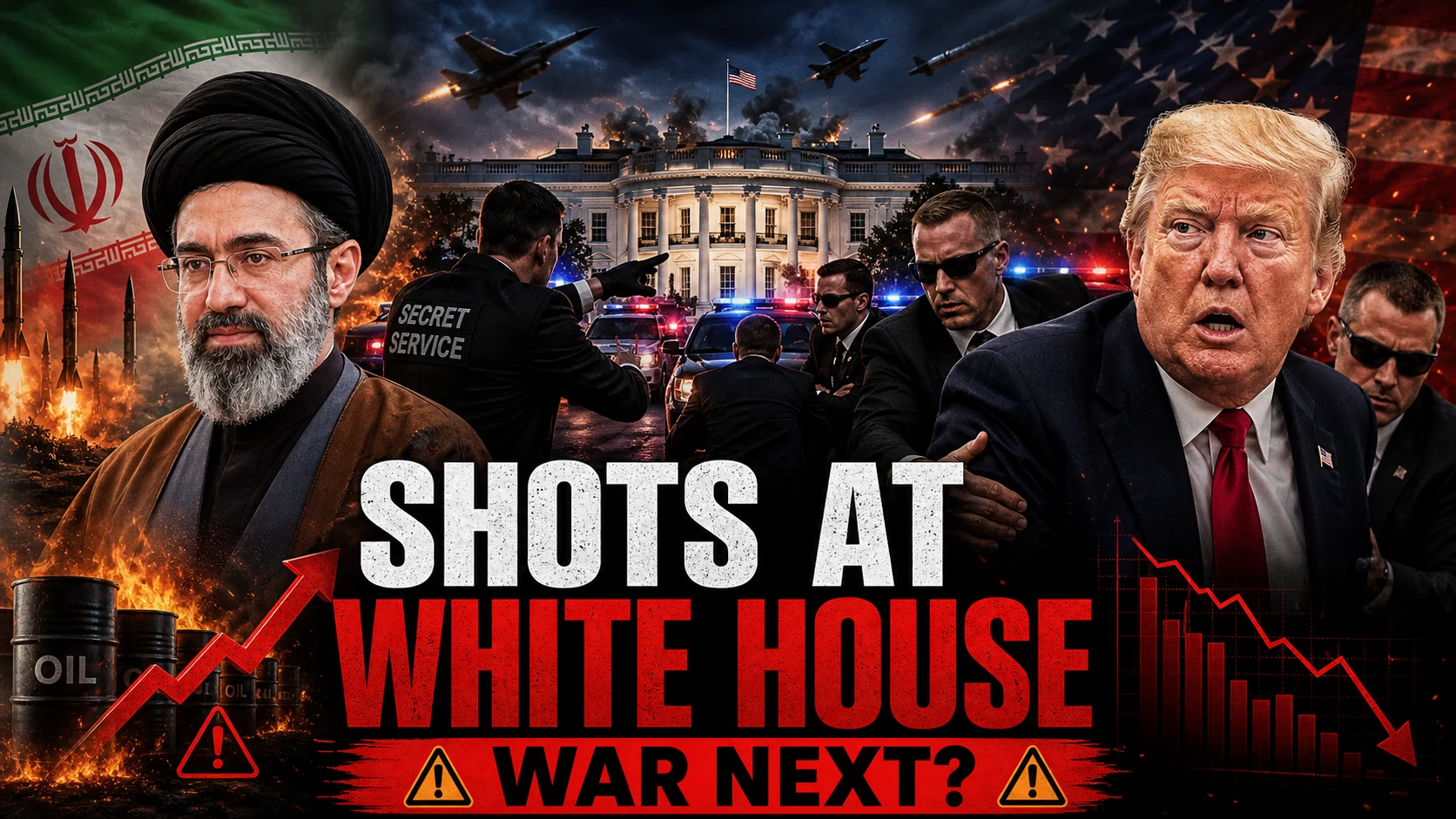 Cinematic visualization of the Trump White House shooting April 2026 and US-Iran war escalation featuring Secret Service agents at the Washington Hilton.