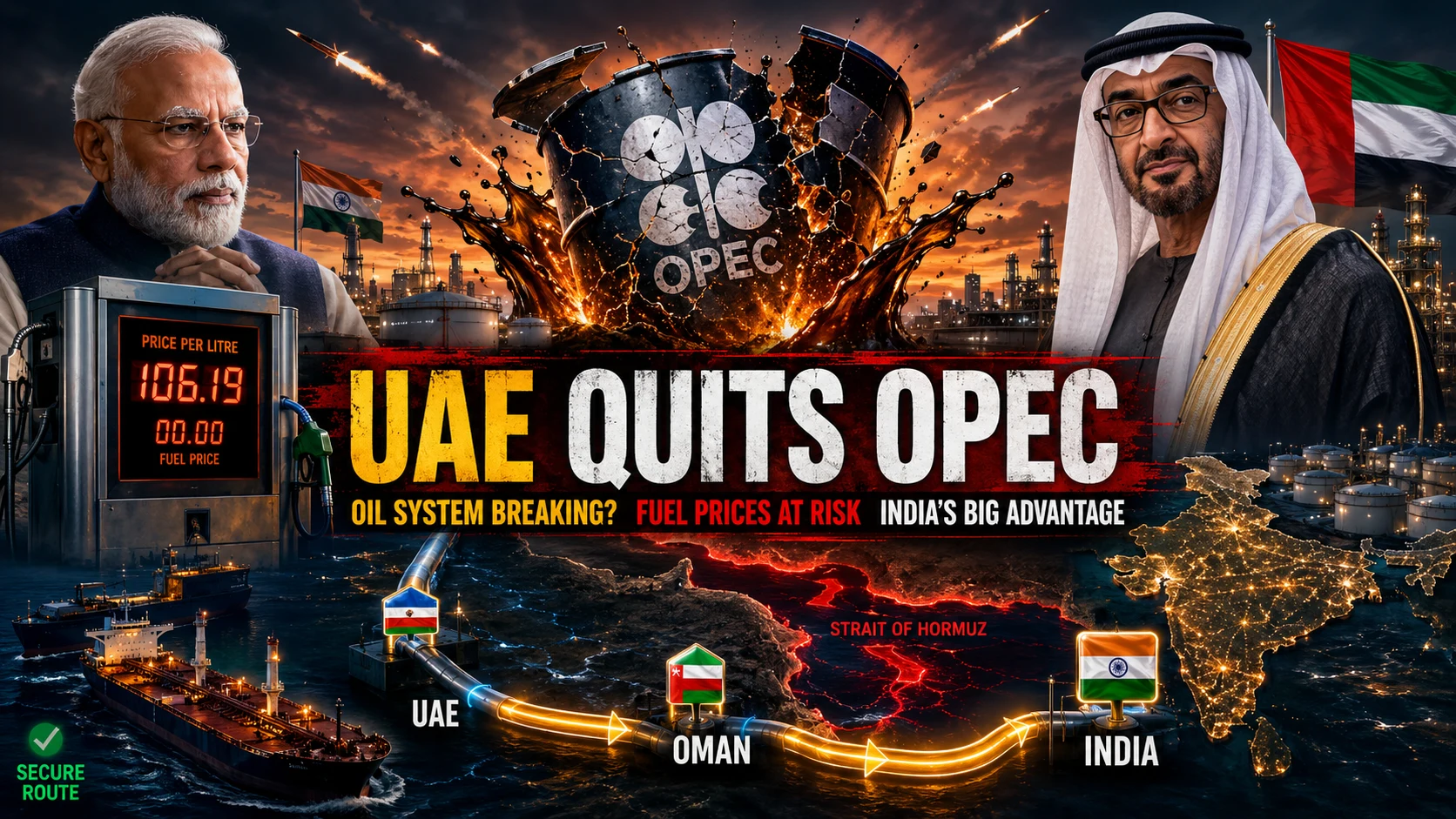 A strategic visualization of the UAE quit OPEC impact on India including fuel price stability and the Oman energy bypass route.