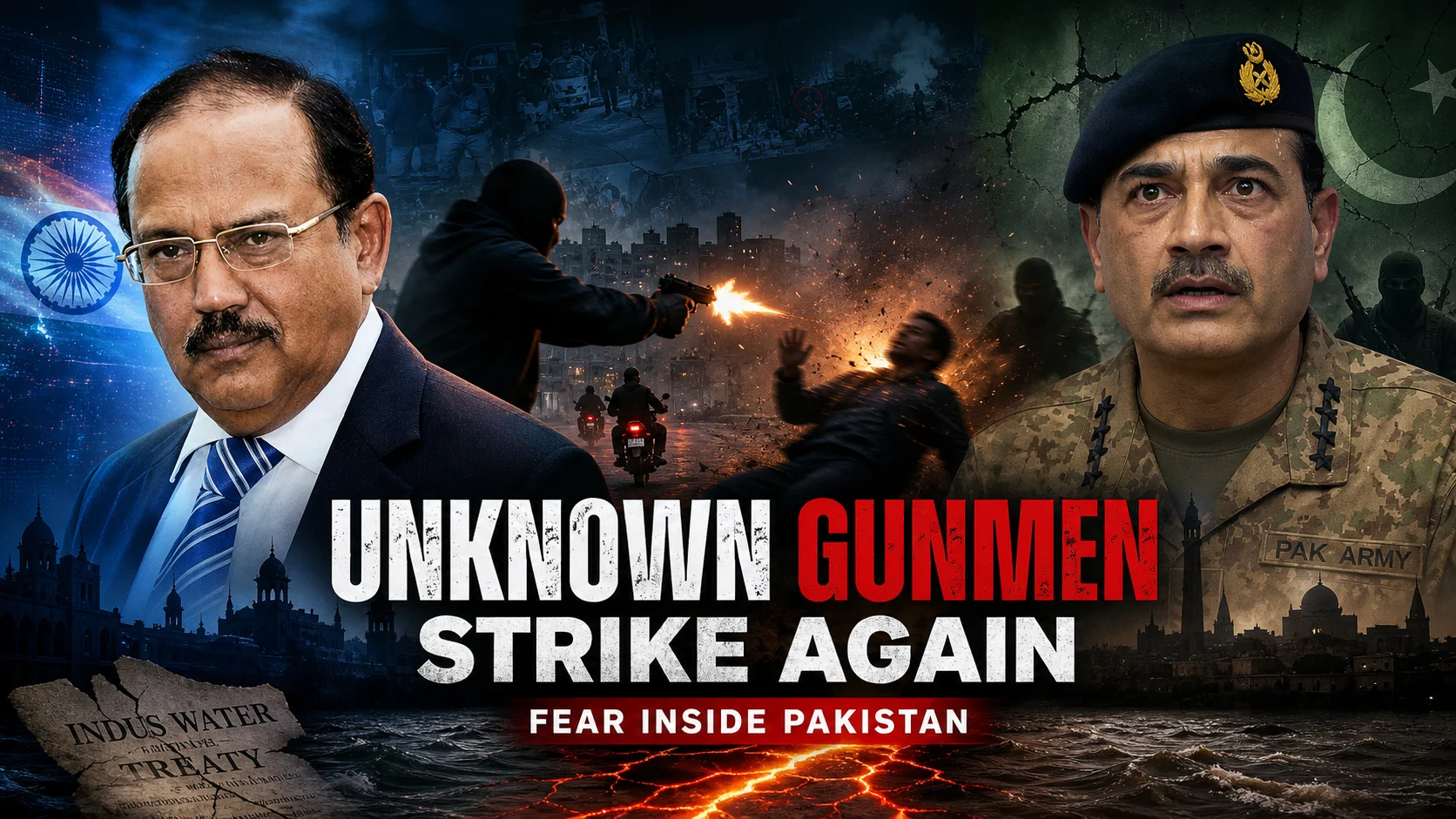 A cinematic visualization representing the unknown gunmen in Pakistan and the strategic standoff between Ajit Doval and Asim Munir over the Indus Waters Treaty.