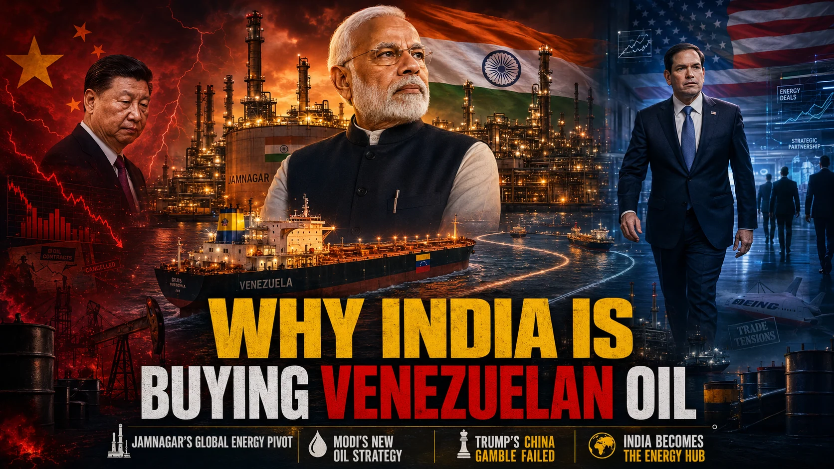 Why is India buying Venezuelan oil featured graphic depicting PM Narendra Modi in front of Jamnagar refinery with a Venezuelan oil tanker, Marco Rubio, and Xi Jinping.