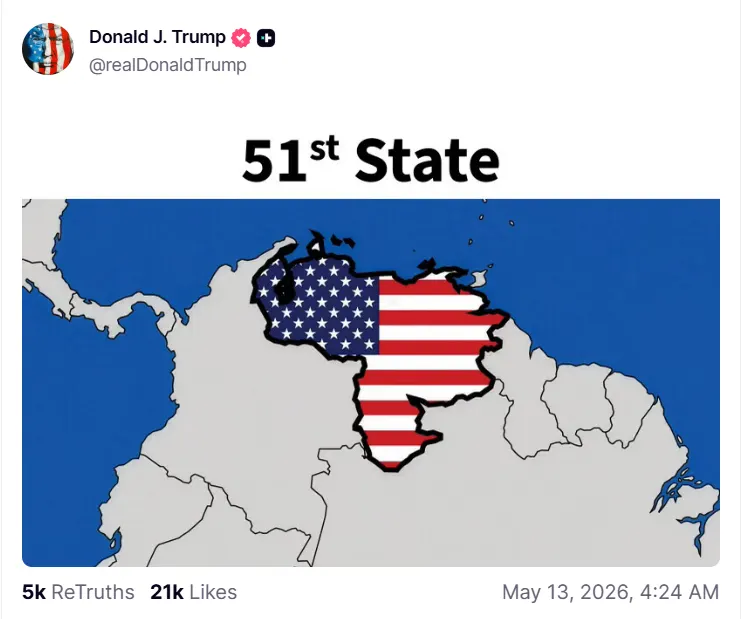 why-is-india-buying-venezuelan-oil-trump-51st-state Why is India buying Venezuelan oil context showing a screenshot of Donald Trump's Truth Social post mapping Venezuela as the 51st US State.