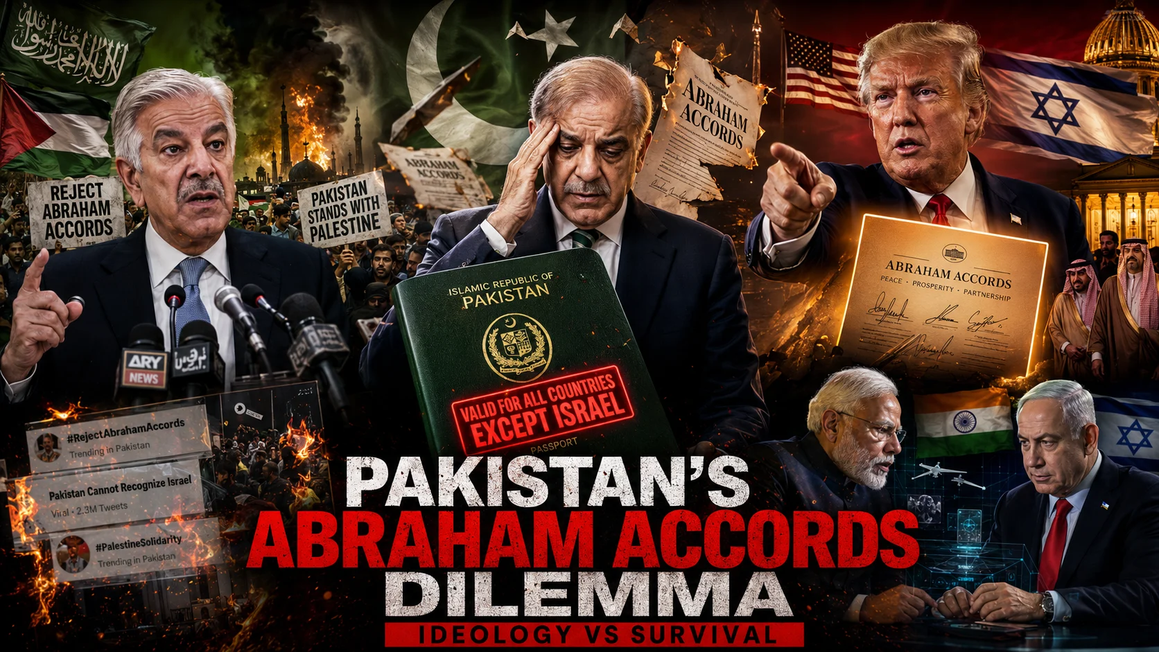 A cinematic graphic depicting why Pakistan rejected Abraham Accords, showing Shehbaz Sharif under pressure from Donald Trump and domestic anti-Israel protests.