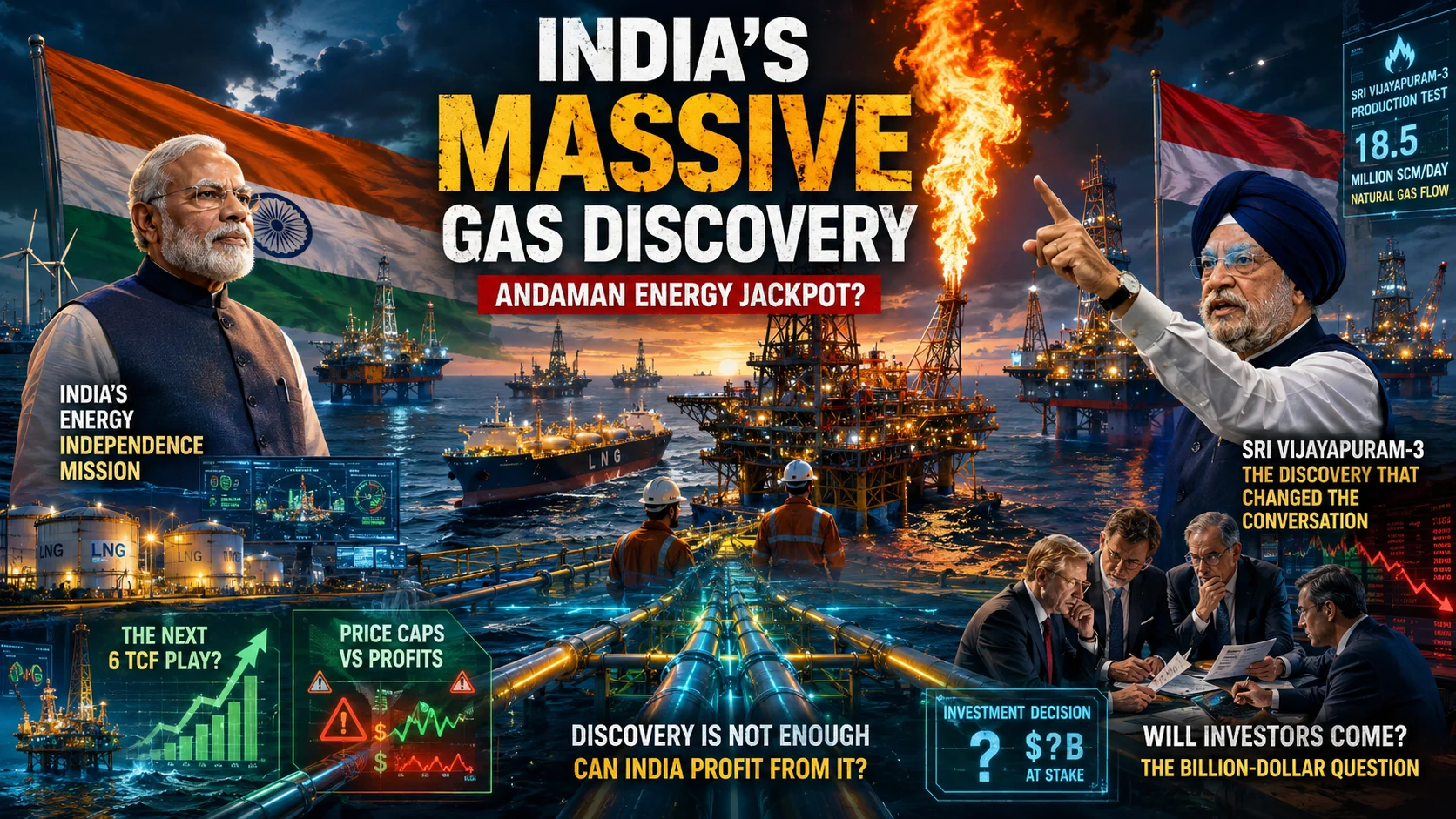 Andaman Sea natural gas discovery infographic highlighting Prime Minister Narendra Modi, Petroleum Minister Hardeep Singh Puri, and the Sri Vijayapuram-3 offshore drilling platform flare.