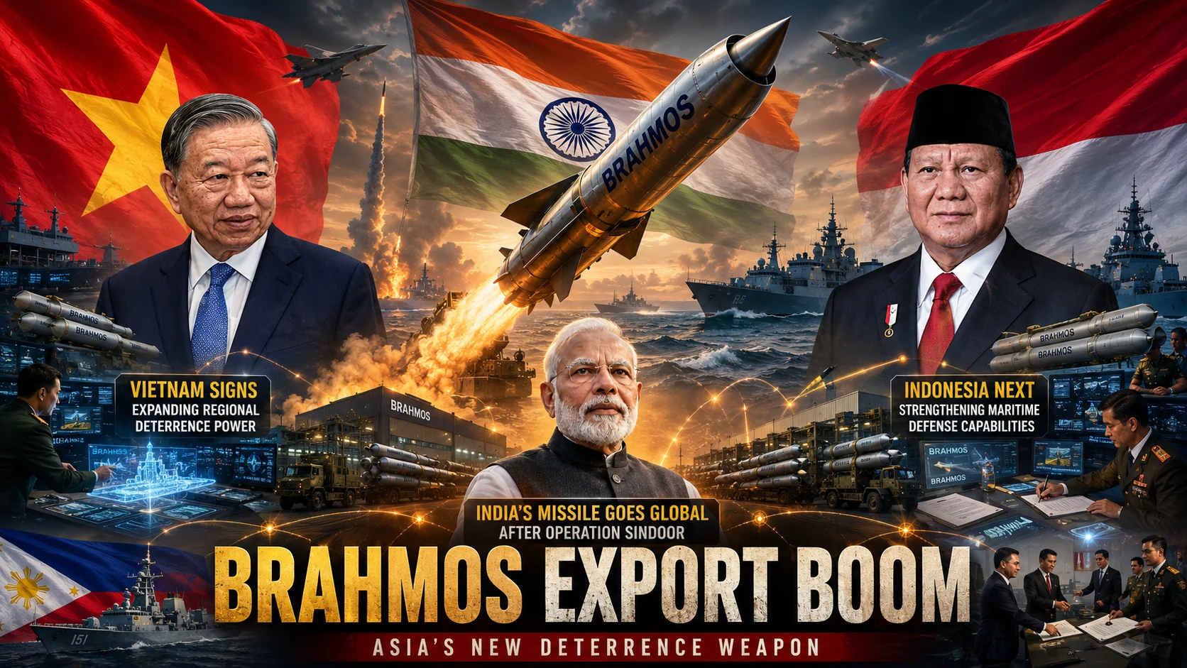 BrahMos missile export strategy graphic featuring Indian PM Narendra Modi, Vietnam President To Lam, and Indonesia President Prabowo Subianto under a launching supersonic cruise missile.