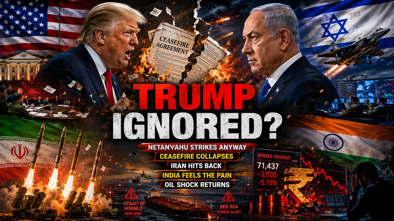 Strategic visualization of the Israel Iran ceasefire collapse showing a political clash between Donald Trump and Benjamin Netanyahu, alongside launching Iranian missiles, Red Sea shipping blockades, and India's Sensex market crash.