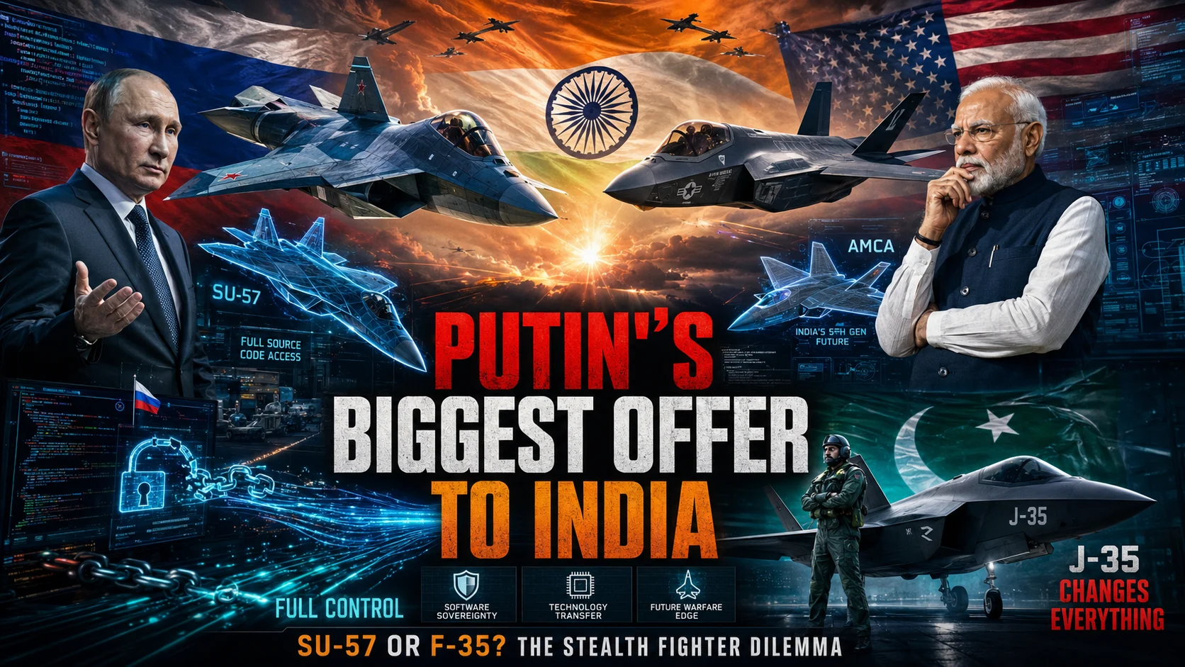 Dramatic conceptual image illustrating the strategic stakes of the Putin Su-57 offer to India debate, featuring Vladimir Putin, Narendra Modi, and the Su-57, F-35, and J-35 stealth fighters.