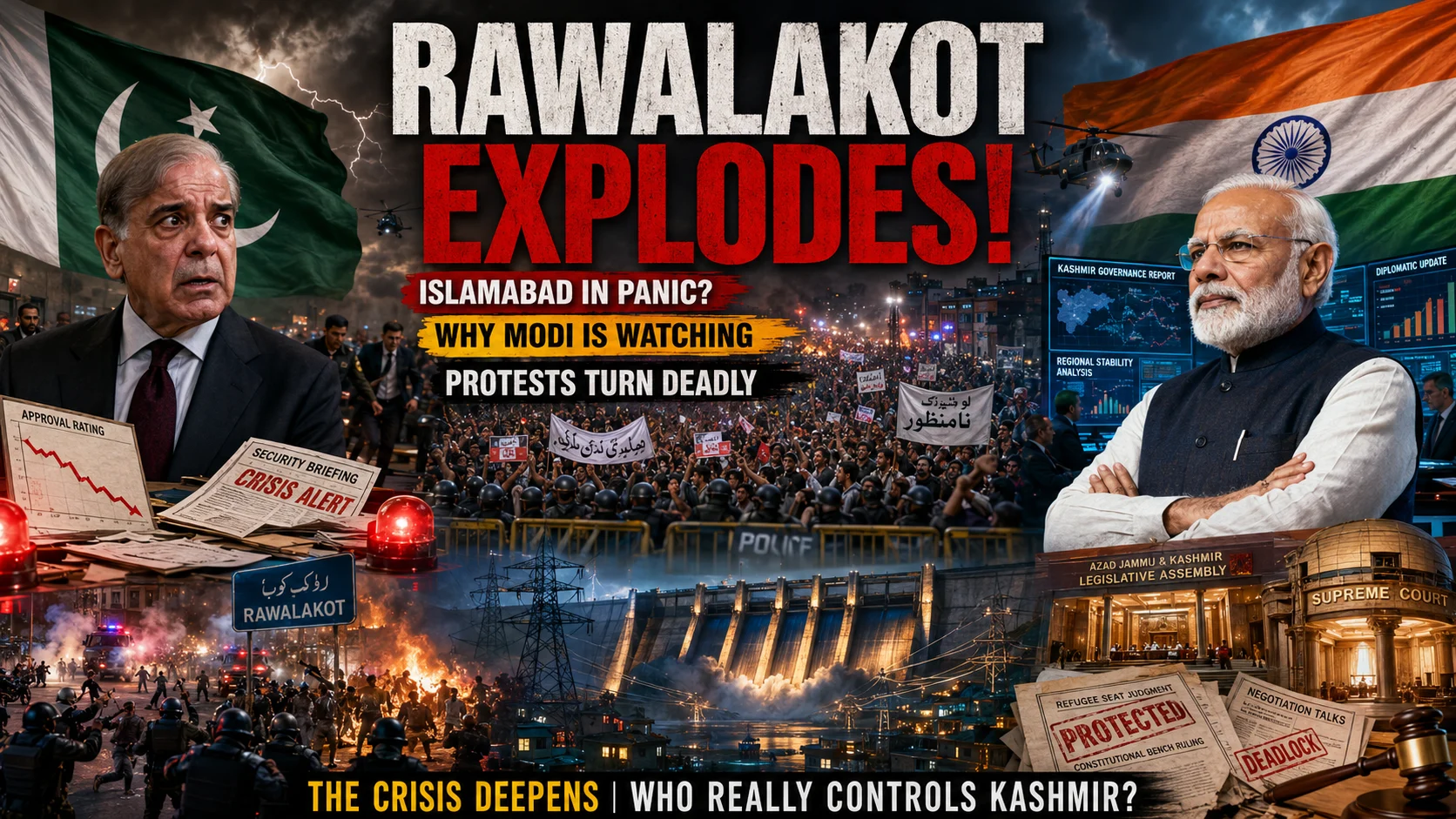 Featured graphic for the Rawalakot Kashmir protests June 2026 showing Prime Minister Narendra Modi, a worried Shehbaz Sharif, civil unrest in Azad Kashmir, local hydroelectric dam infrastructure, and the Supreme Court refugee seats controversy.