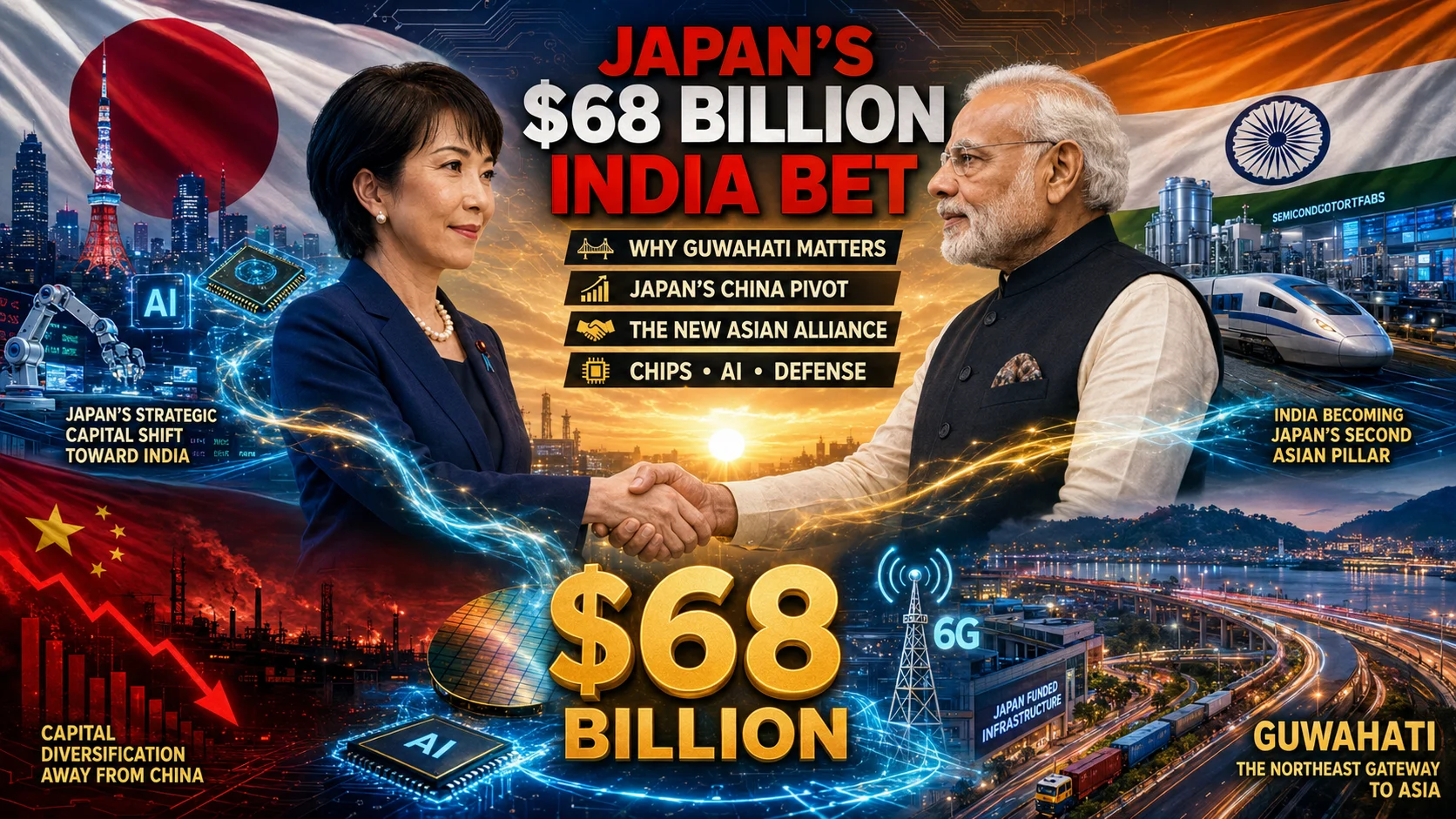 Graphic representing the upcoming Sanae Takaichi India visit and a symbolic summit handshake with Prime Minister Narendra Modi highlighting Japan’s proposed 68 billion dollar investment pivot.