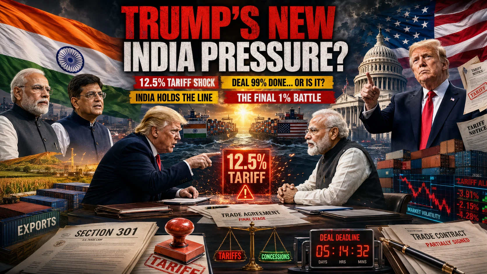 Narendra Modi and Donald Trump at a tense trade negotiation table with a 12.5% tariff warning, representing the geopolitical debate over the claim that trump: india took advantage of US trade policies.
