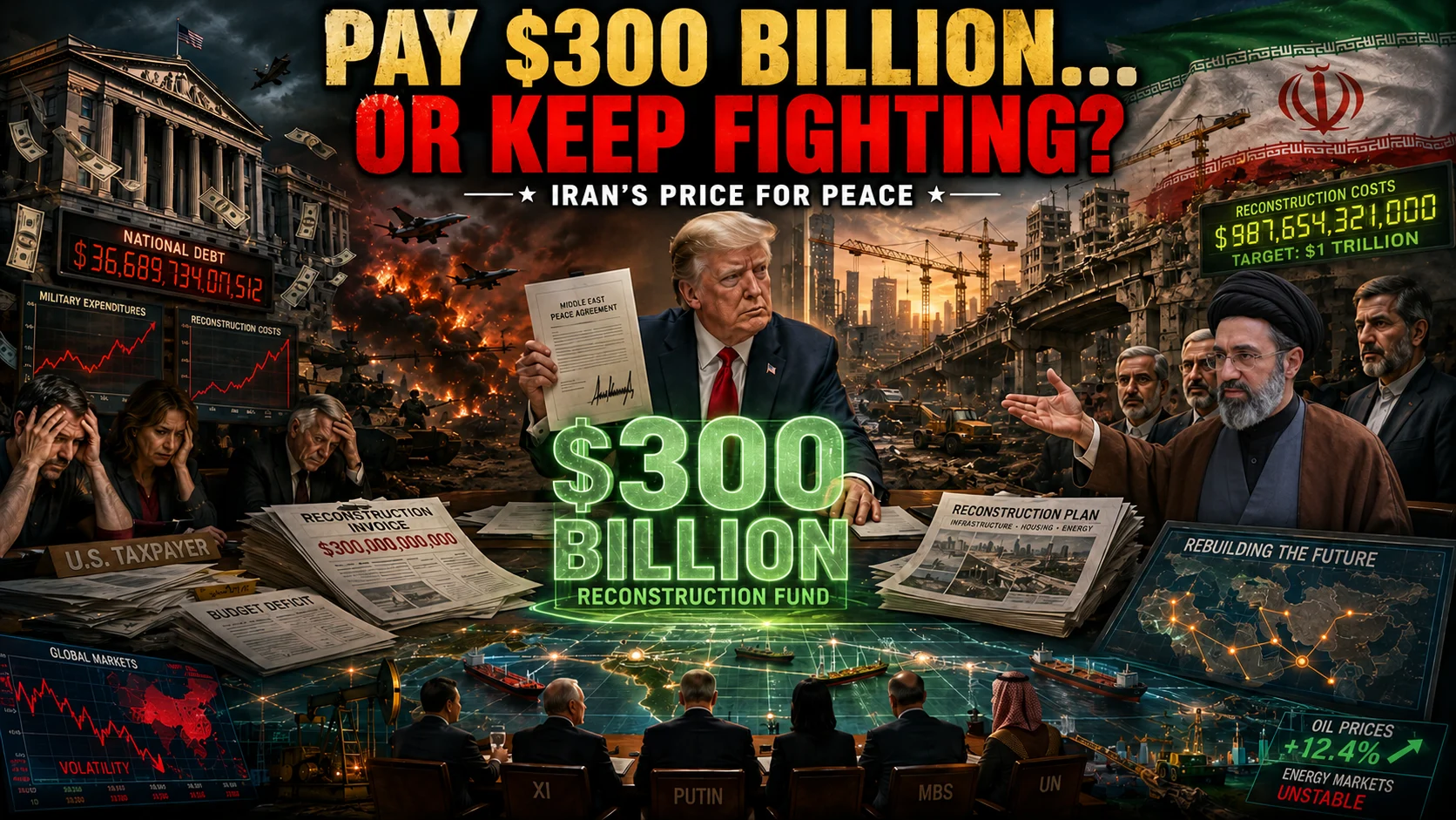 A high-stakes negotiation scene showing the US Iran peace deal $300 billion reconstruction fund proposal with Donald Trump and Iranian negotiators.